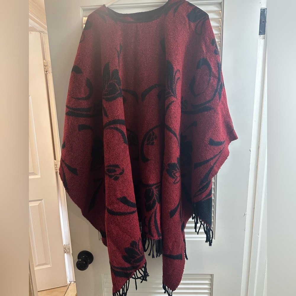 Red and Black Floral Poncho
